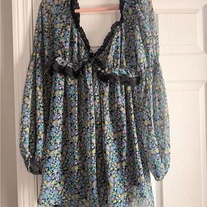 Free People Black Floral Midi Dress with Pastel Blooms